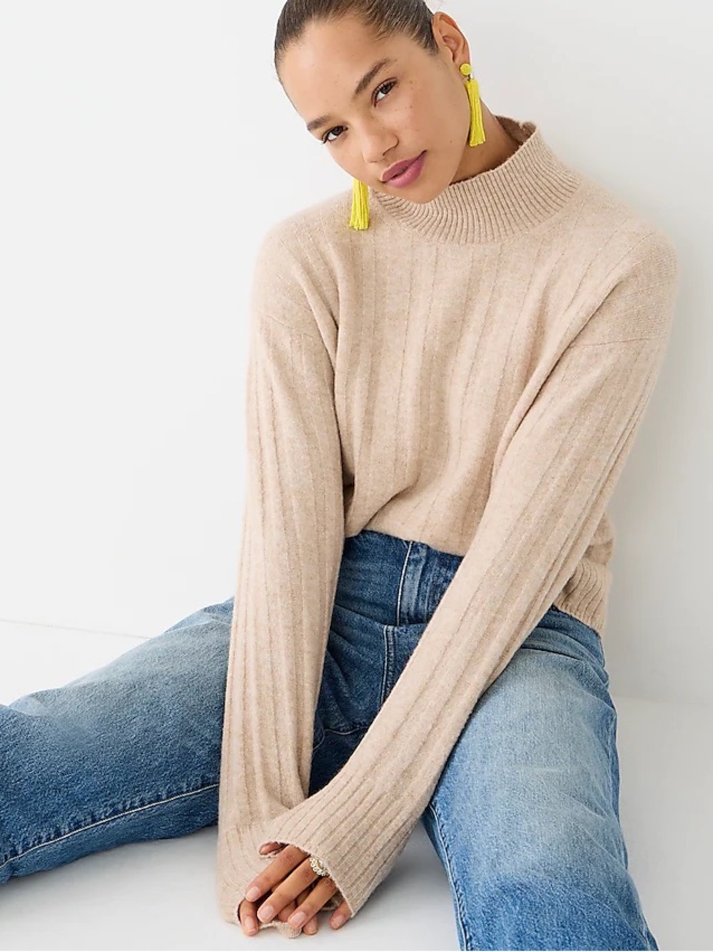 J Crew Ribbed Mockneck Sweater in Supersoft Yarn L Large Cream Sand Wool Alpaca